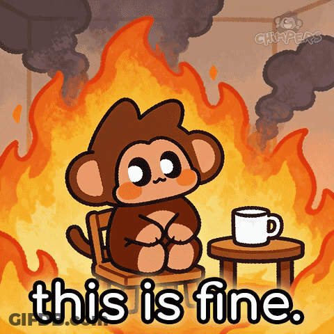 A Cartoon Of A Monkey Sitting In Front Of A Fire With The Words " This Is Fine " GIF