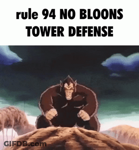 A Cartoon Of A Monkey Sitting On A Rock With The Words Rule 94 No Bloons Tower Defense Above Him GIF