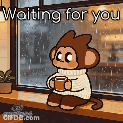 A Cartoon Of A Monkey Sitting On A Window Sill Holding A Cup Of Coffee GIF