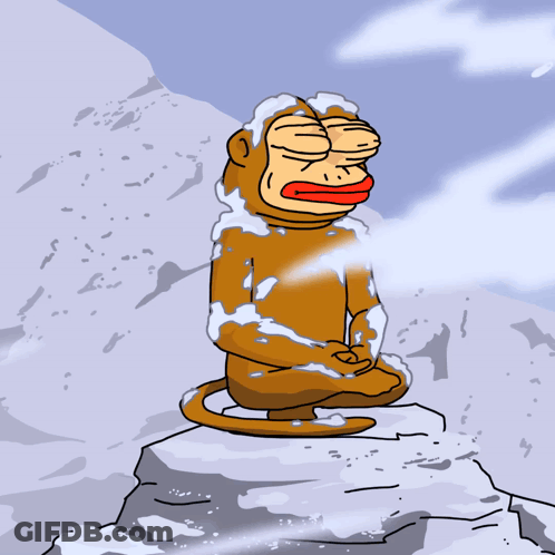 A Cartoon Of A Monkey Sitting On Top Of A Snow Covered Mountain GIF