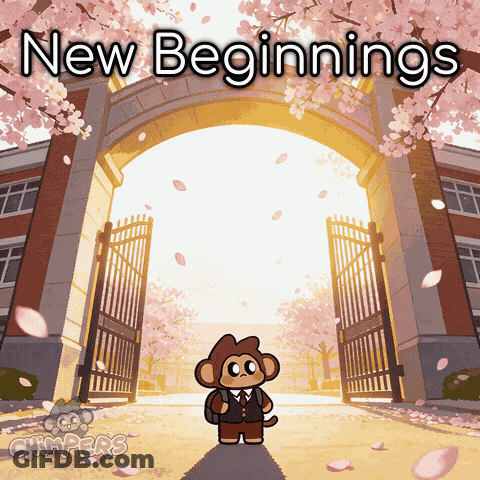 A Cartoon Of A Monkey Standing In Front Of A Building With The Words New Beginnings Written Above It GIF