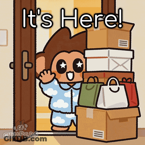 A Cartoon Of A Monkey Standing In Front Of A Door With The Words It 'S Here On It GIF