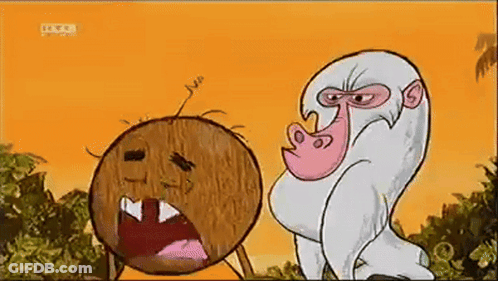 A Cartoon Of A Monkey Standing Next To A Coconut With Its Mouth Open .. GIF