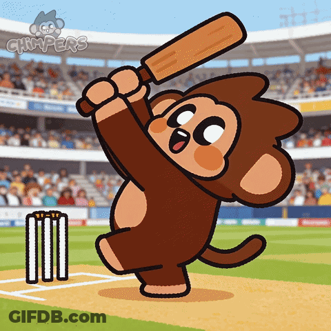 A Cartoon Of A Monkey Swinging A Bat At A Cricket Ball With The Word Grimpers On The Bottom GIF