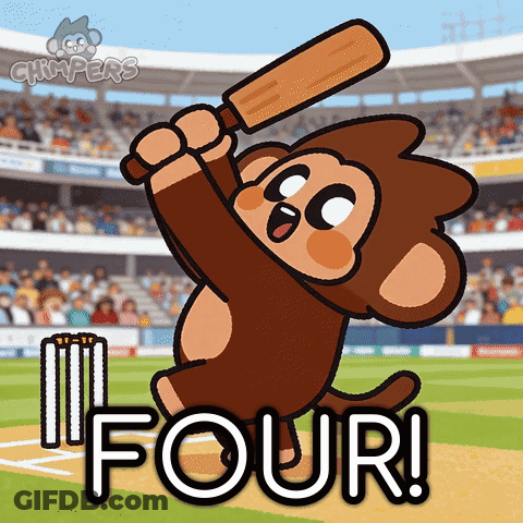 A Cartoon Of A Monkey Swinging A Bat With The Words Four Written Below It GIF