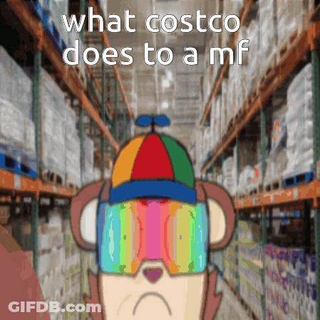 A Cartoon Of A Monkey Wearing A Colorful Hat And Goggles With The Words " What Costco Does To A Mf " GIF