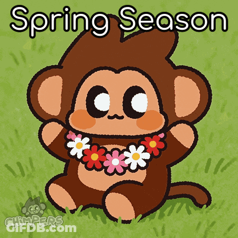 A Cartoon Of A Monkey Wearing A Flower Necklace With The Caption Spring Season GIF