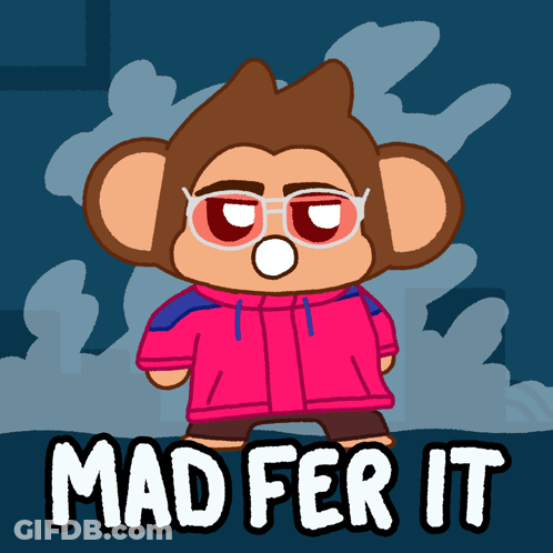 A Cartoon Of A Monkey Wearing Glasses And A Pink Jacket With The Words Mad Fer It Below It GIF