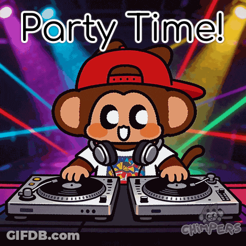 A Cartoon Of A Monkey Wearing Headphones And A Hat Playing Records With The Words Party Time Written Above Him GIF