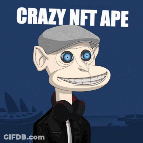 A Cartoon Of A Monkey Wearing Headphones And A Hat With The Words Crazy Nft Ape Below It GIF