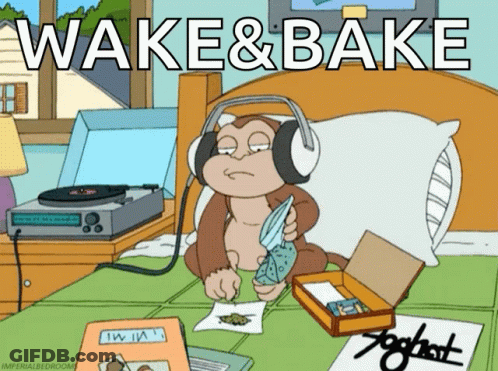 A Cartoon Of A Monkey Wearing Headphones And Smoking A Cigarette With The Caption Wake & Bake GIF