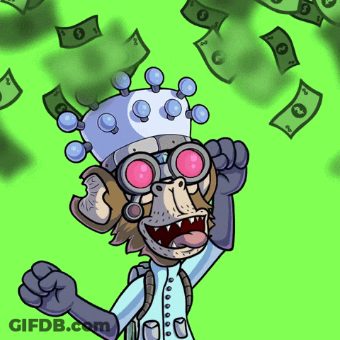A Cartoon Of A Monkey With A Crown On His Head Surrounded By Dollar Bills GIF