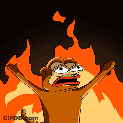 A Cartoon Of A Monkey With Its Arms Outstretched In Front Of A Fire GIF