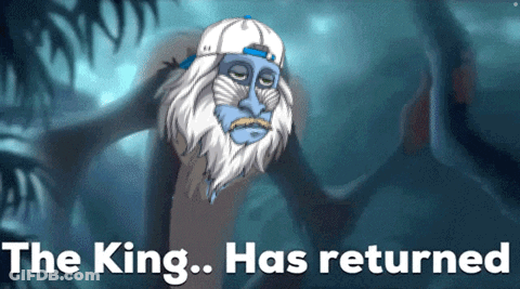 A Cartoon Of A Monkey With The Words The King Has Returned Below It GIF