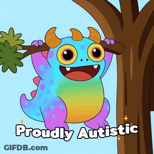 A Cartoon Of A Monster Hanging From A Tree Branch With The Words Proudly Autistic Below It GIF