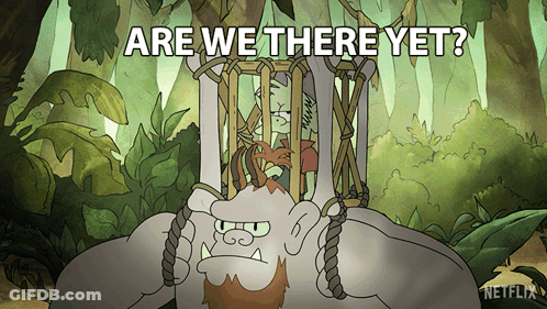 A Cartoon Of A Monster In A Cage With The Words " Are We There Yet " Above It GIF