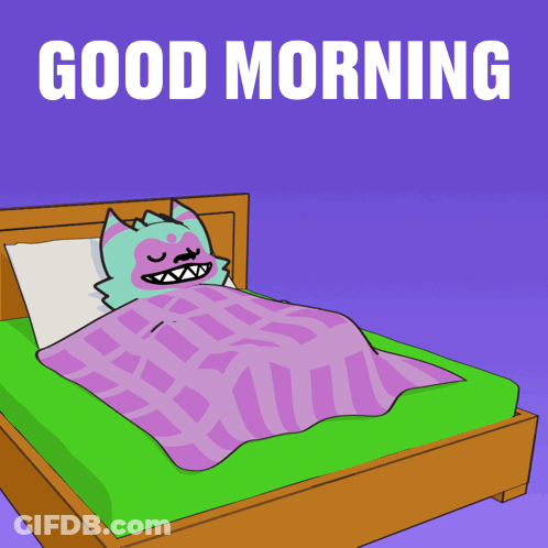A Cartoon Of A Monster Saying Good Morning On A Bed GIF