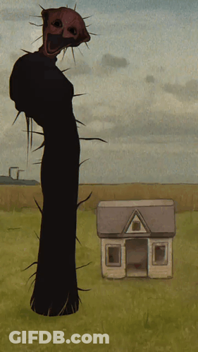 A Cartoon Of A Monster Standing Next To A Small House In A Field GIF