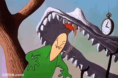 A Cartoon Of A Monster With A Clock Hanging From A Tree GIF