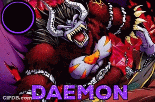A Cartoon Of A Monster With Horns And A Purple Circle Around It . GIF