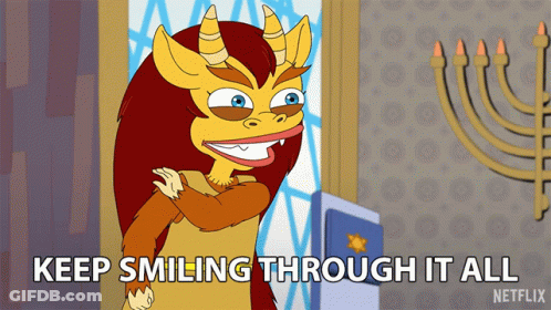 A Cartoon Of A Monster With Horns And The Words Keep Smiling Through It All GIF
