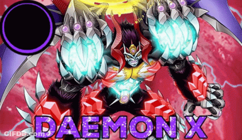 A Cartoon Of A Monster With The Name Daemon X Written Below It GIF