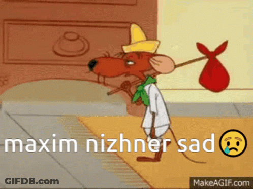 A Cartoon Of A Mouse Carrying A Bag With The Words Maxim Nizhnyer Sad Below It GIF