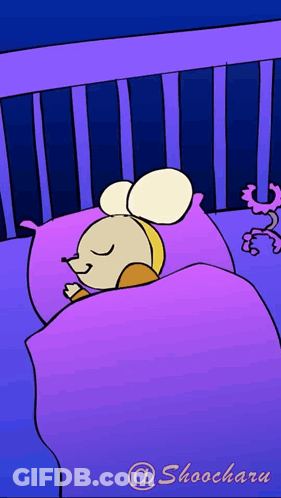 A Cartoon Of A Mouse Sleeping In A Crib With The Name Shoochara On The Bottom GIF