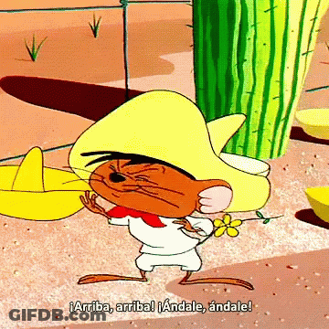 A Cartoon Of A Mouse Wearing A Sombrero Says " Arriba , Arriba ! " GIF