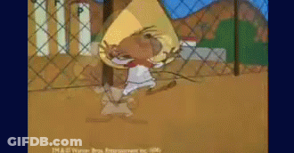 A Cartoon Of A Mouse Wearing A Sombrero Standing In Front Of A Fence . GIF