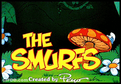 A Cartoon Of A Mushroom With The Words The Smurfs On It GIF