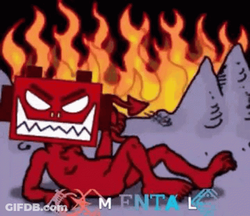 A Cartoon Of A Naked Devil With A Box On His Head Surrounded By Flames . GIF