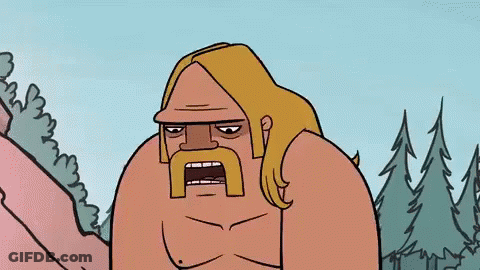 A Cartoon Of A Naked Man With A Mustache And Long Blonde Hair Standing In The Woods . GIF