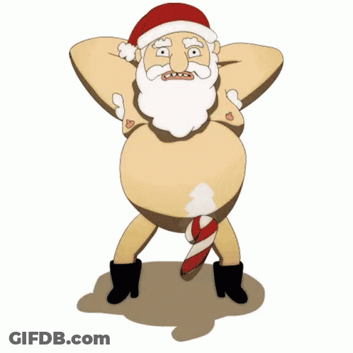 A Cartoon Of A Naked Santa Claus With A Candy Cane In His Butt GIF