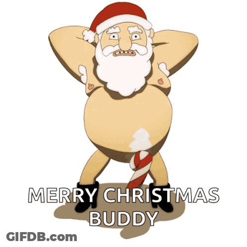 A Cartoon Of A Naked Santa Claus With A Candy Cane In His Butt And The Words Merry Christmas Buddy Below Him GIF
