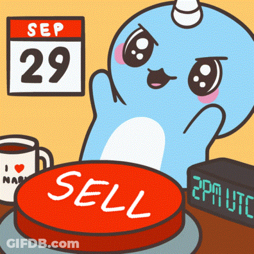 A Cartoon Of A Narwhal Pressing A Red Sell Button GIF