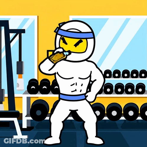 A Cartoon Of A Ninja Drinking A Drink In A Gym GIF