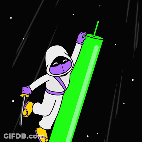 A Cartoon Of A Ninja Holding A Green Stick With A Straw GIF