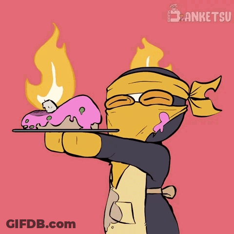 A Cartoon Of A Ninja Holding A Tray With A Cake On It And The Word Anketsu On The Bottom Right GIF