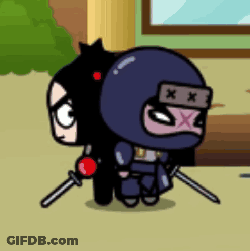 A Cartoon Of A Ninja Holding Two Swords Next To A Black Cat GIF