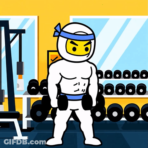 A Cartoon Of A Ninja In A Gym Lifting Dumbbells GIF