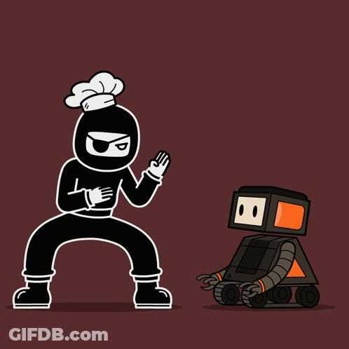 A Cartoon Of A Ninja Kicking A Robot That Has The Letter H On It GIF