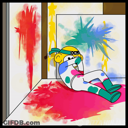A Cartoon Of A Ninja Laying On The Floor With Paint Splashing On The Floor GIF