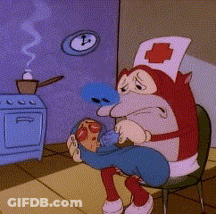 A Cartoon Of A Nurse Holding A Child With A Clock In The Background GIF