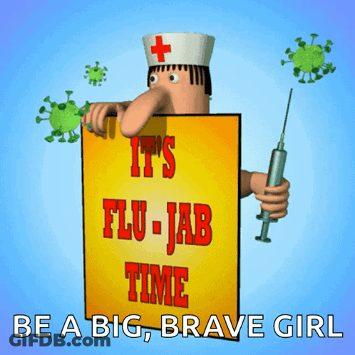 A Cartoon Of A Nurse Holding A Syringe And A Sign That Says It 'S Flu-Jab Time GIF