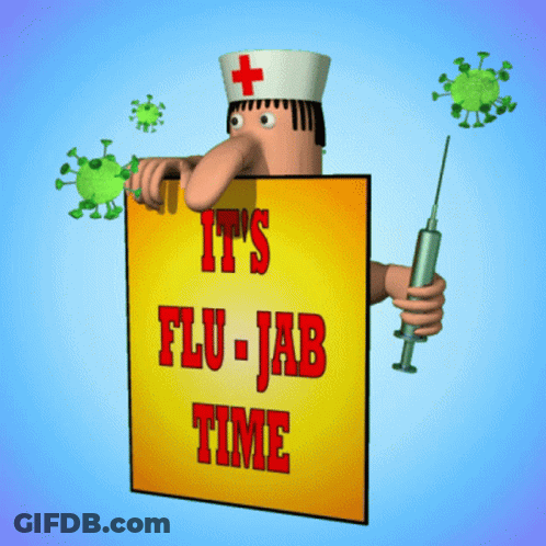 A Cartoon Of A Nurse Holding A Syringe And A Sign That Says It 'S Flu-Jabb Time GIF