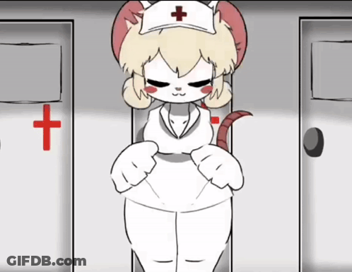 A Cartoon Of A Nurse With A Red Cross On Her Hat Standing In Front Of Two Doors . GIF