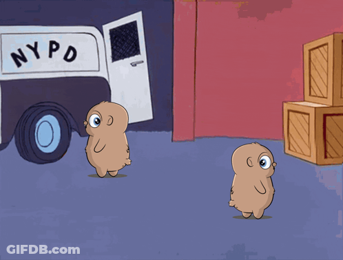 A Cartoon Of A Nypd Van With Two Animals Standing In Front Of It GIF