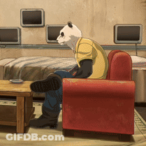 A Cartoon Of A Panda Bear Sitting In A Red Chair GIF