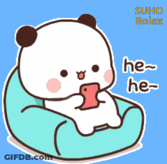 A Cartoon Of A Panda Bear Sitting On A Bean Bag Chair Holding A Cell Phone GIF